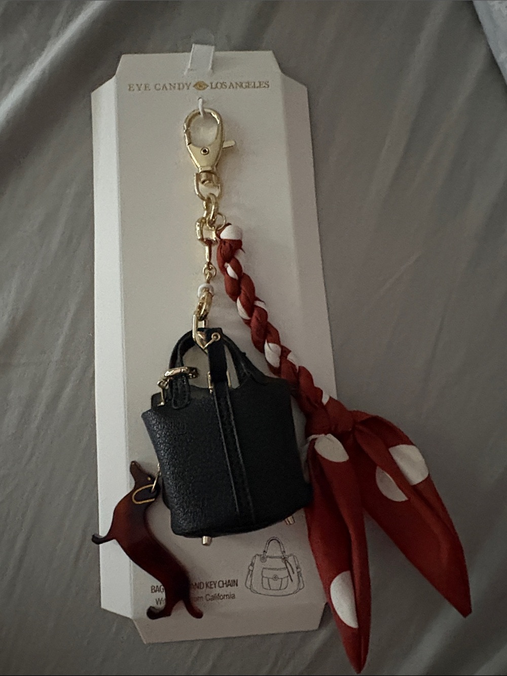 eye candy Black Bag Keychain with Red Polka Dot Scarf and Gold Hardware